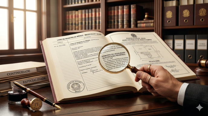 Mão segurando uma lupa sobre livro de registro de imóveis, destacando o texto sobre o Princípio da Legalidade e Qualificação Registral.