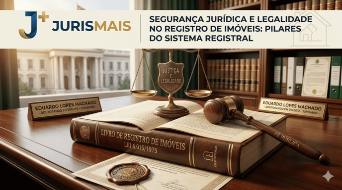 Imagem conceitual sobre segurança jurídica e legalidade no registro de imóveis, apresentando um livro de registros, balança da justiça e o logotipo Juris+.