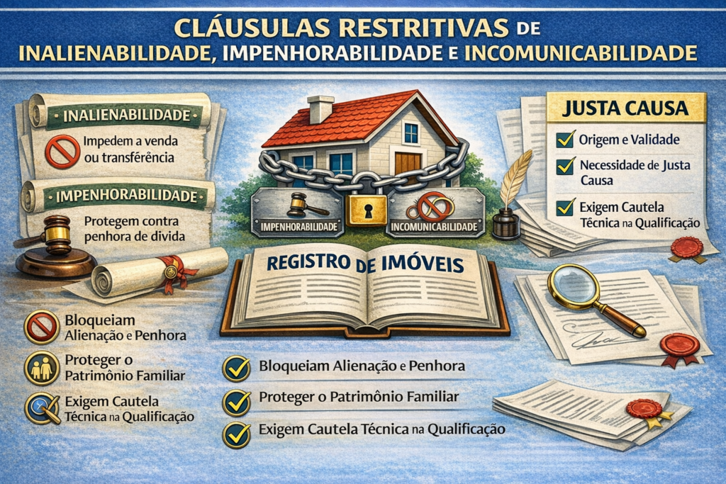 Infográfico sobre cláusulas restritivas destacando inalienabilidade, impenhorabilidade, incomunicabilidade e a exigência de justa causa no Registro de Imóveis.