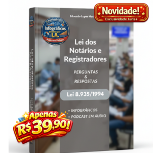 Material de estudo sobre a Lei 8.935/1994 (Lei dos Notários e Registradores) contendo e-book de Perguntas e Respostas em PDF e áudio-curso em MP3, autoria de Eduardo Lopes Machado.