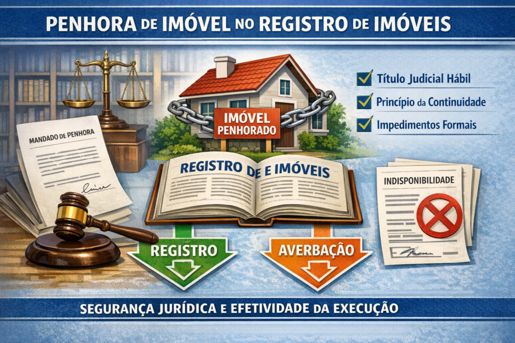 Infográfico sobre o registro e averbação de penhora de imóvel no Registro de Imóveis, destacando a eficácia perante terceiros e o rito da Lei de Registros Públicos.