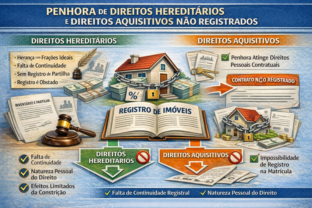 Esquema explicativo sobre a penhora de direitos hereditários e direitos aquisitivos no Registro de Imóveis, abordando a possibilidade de averbação e os princípios da continuidade e disponibilidade.