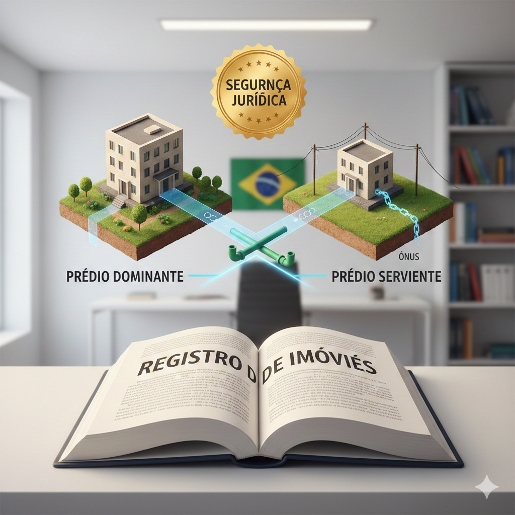 Infográfico explicativo sobre Servidão Predial e os procedimentos de registro no Registro de Imóveis.