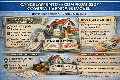 Infográfico sobre o cancelamento de compromisso de compra e venda de imóvel, detalhando a intimação extrajudicial, purgação da mora e devolução de valores.