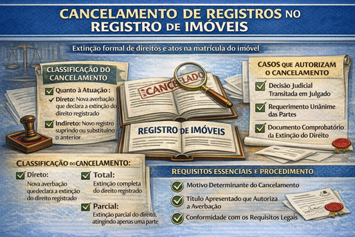 Infográfico sobre cancelamento de registros no Registro de Imóveis, detalhando as classificações direto e indireto, total e parcial, e os requisitos para averbação.