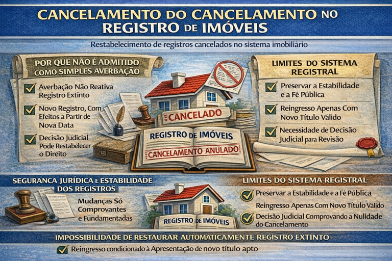 Infográfico sobre o cancelamento do cancelamento no Registro de Imóveis, explicando por que não é admitido como averbação simples e a necessidade de novo título para reingresso.