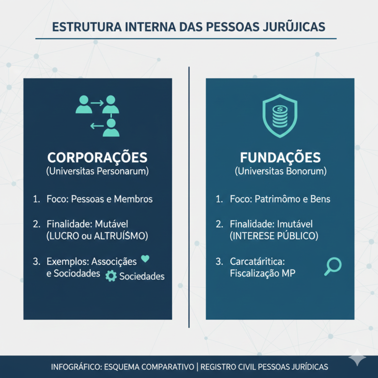 Infográfico comparativo entre Corporações e Fundações, detalhando foco, finalidade e exemplos no Registro Civil das Pessoas Jurídicas.