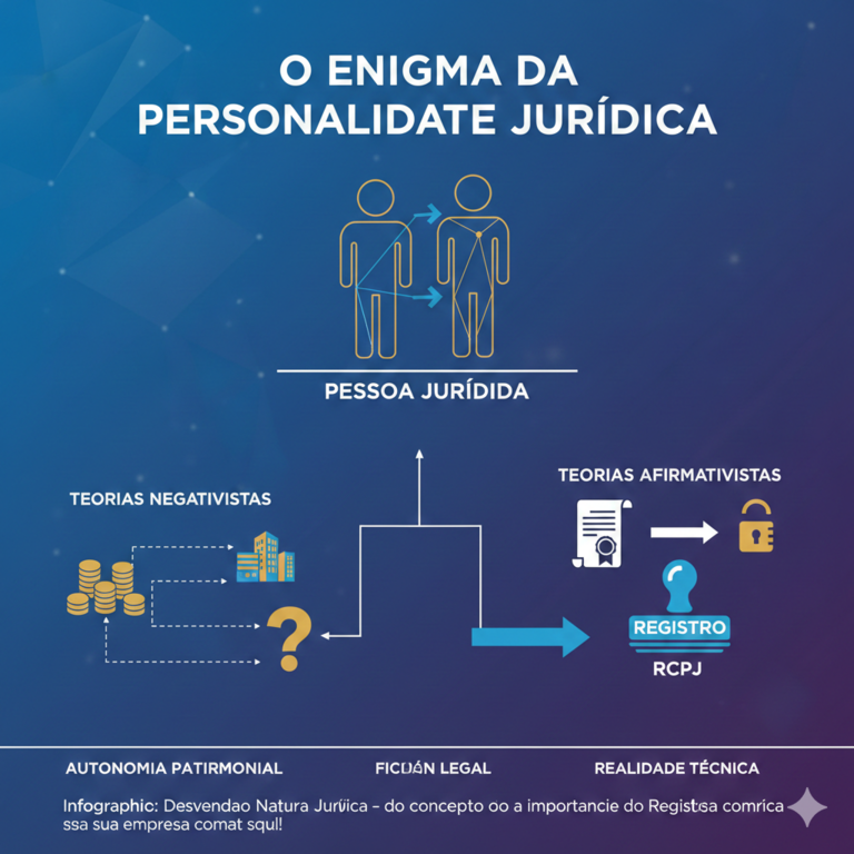 Infográfico sobre o Enigma da Personalidade Jurídica, comparando as teorias negativistas, teorias da ficção e a realidade técnica no RCPJ.