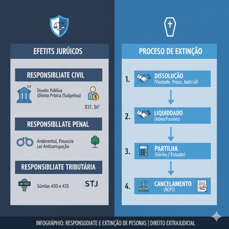 Infográfico comparativo entre os efeitos jurídicos (responsabilidade civil, penal e tributária) e as 4 etapas do processo de extinção de uma pessoa jurídica.